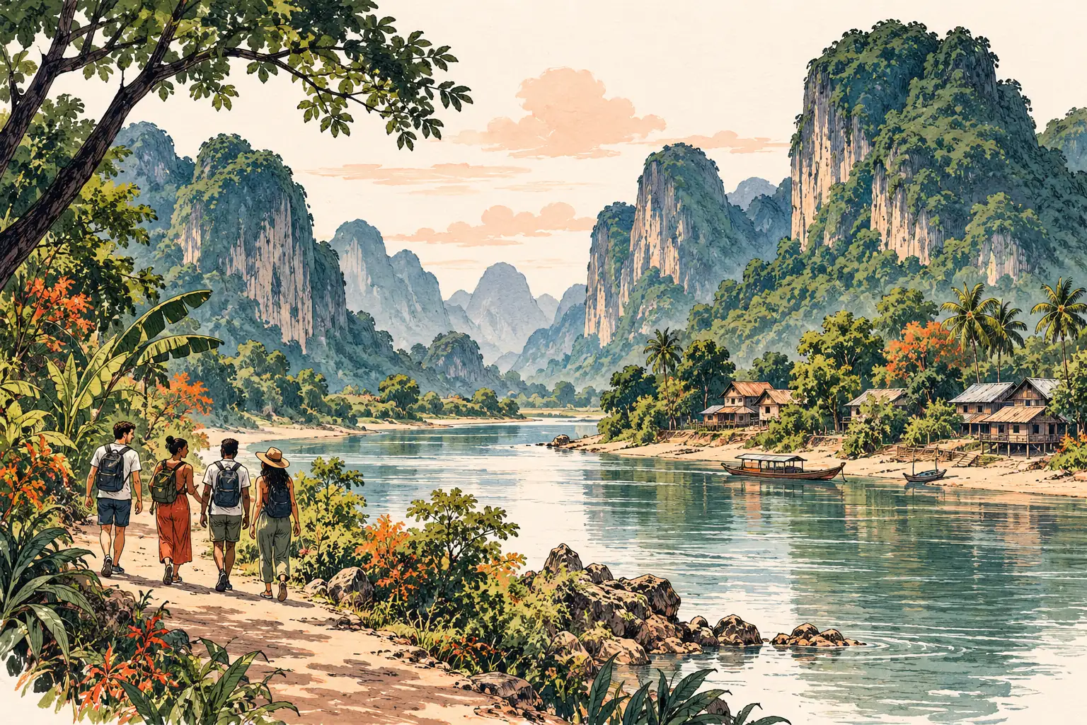 A hand-drawn characteristic landscape of Laos, with a few young adults for scale.