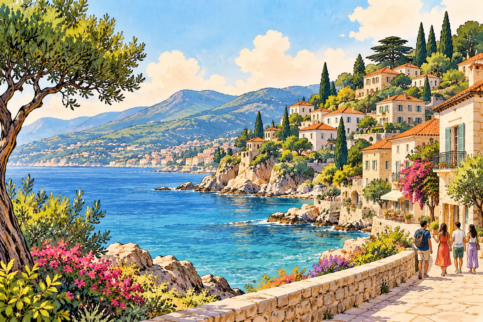 A hand-drawn characteristic landscape of Lebanon, with a few young adults for scale.
