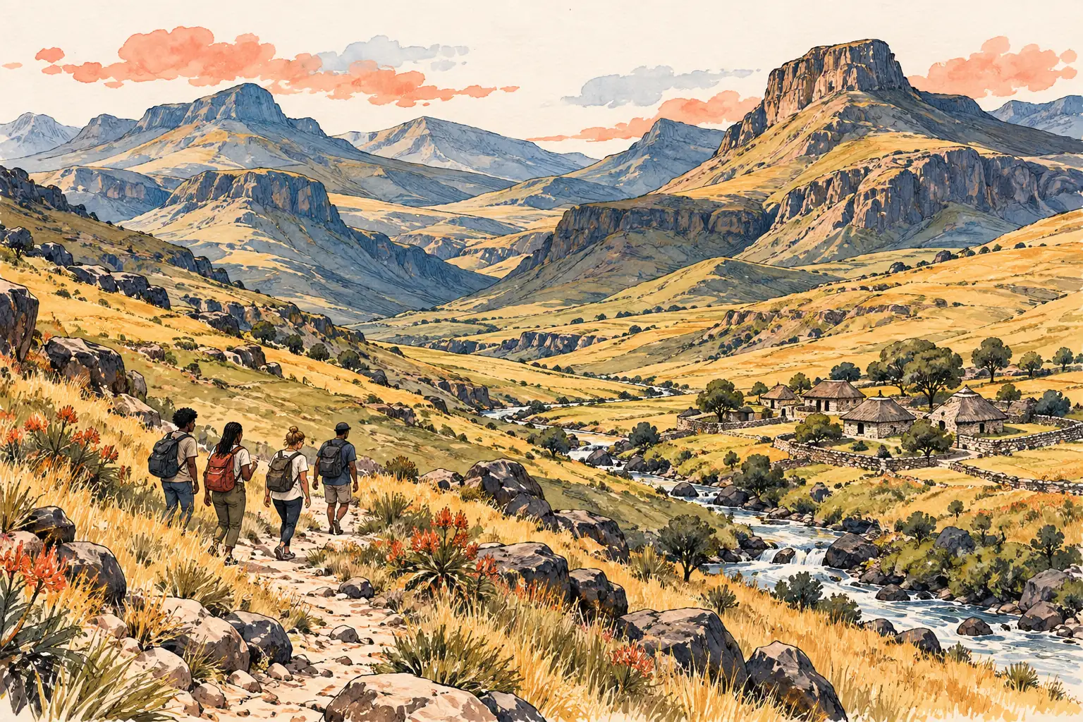 A hand-drawn characteristic landscape of Lesotho, with a few young adults for scale.