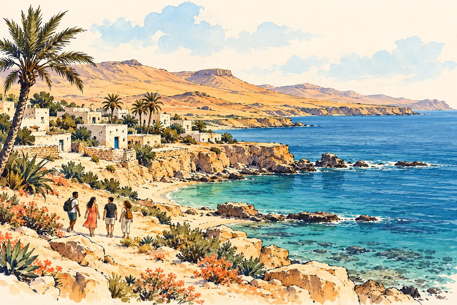 A hand-drawn characteristic landscape of Libya, with a few young adults for scale.