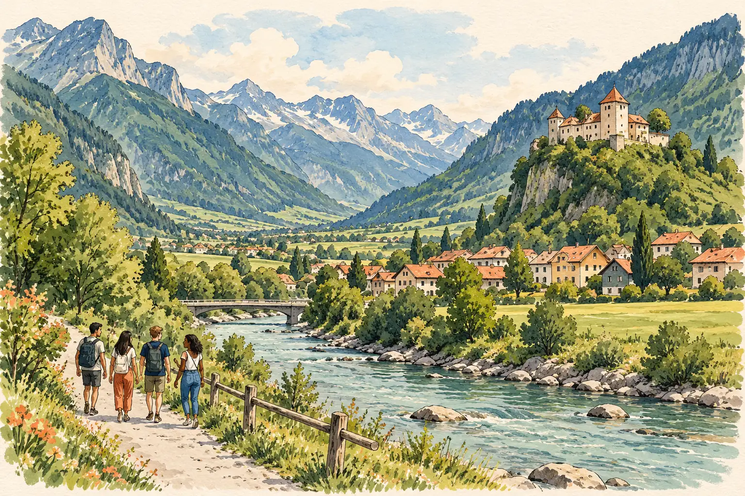 A hand-drawn characteristic landscape of Liechtenstein, with a few young adults for scale.