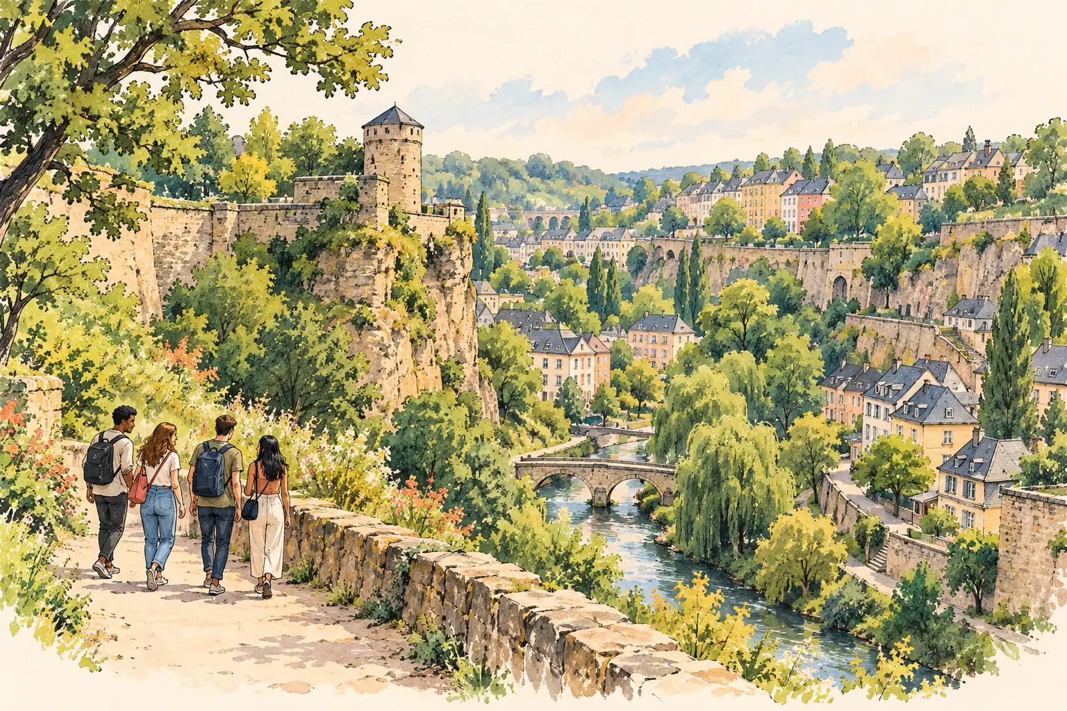 A hand-drawn characteristic landscape of Luxembourg, with a few young adults for scale.