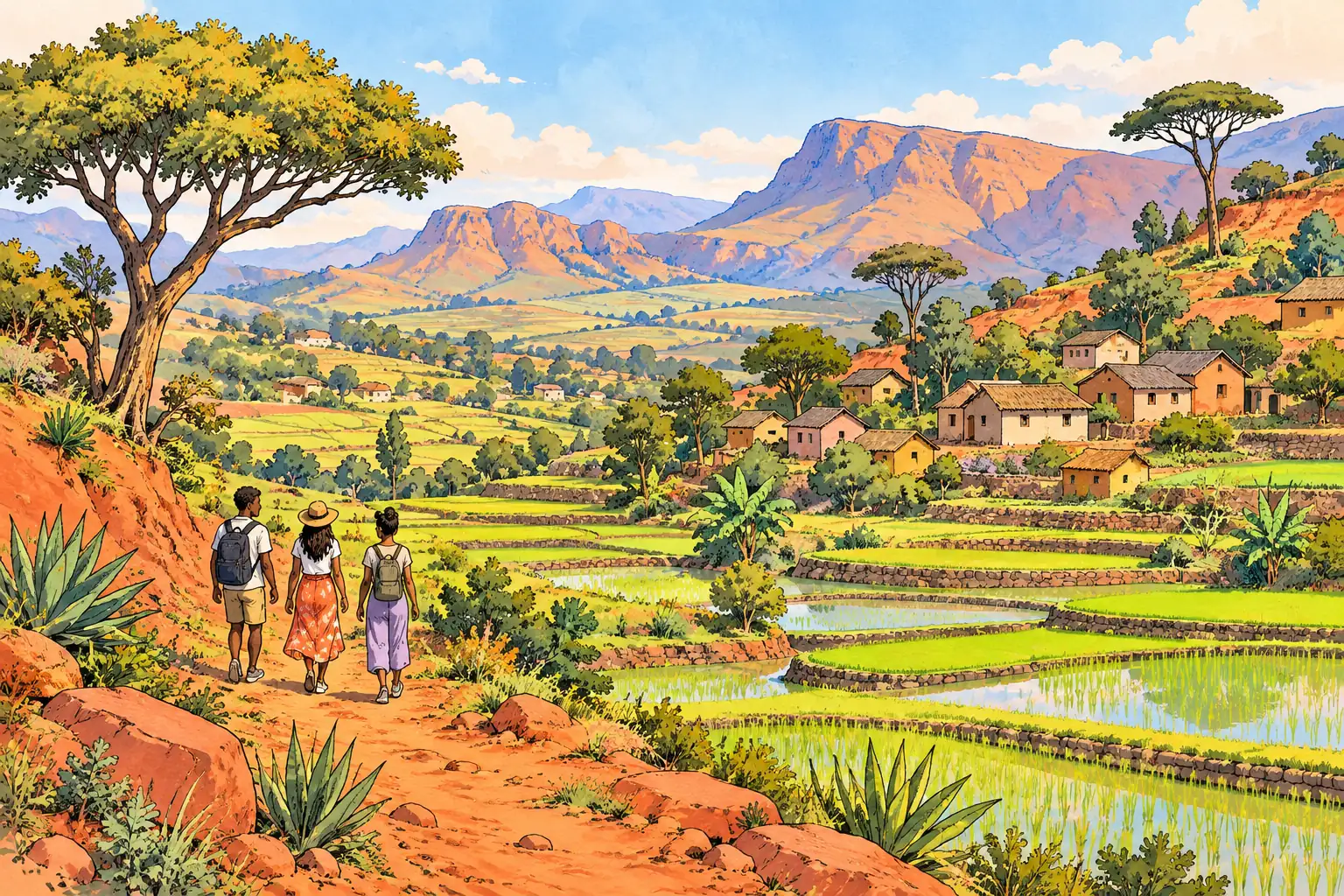 A hand-drawn characteristic landscape of Madagascar, with a few young adults for scale.