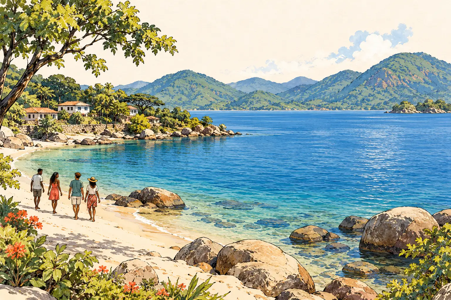 A hand-drawn characteristic landscape of Malawi, with a few young adults for scale.