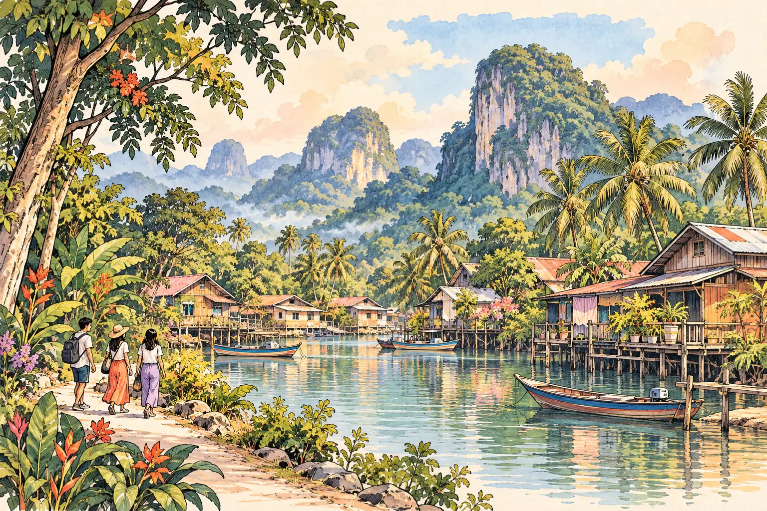 A hand-drawn characteristic landscape of Malaysia, with a few young adults for scale.