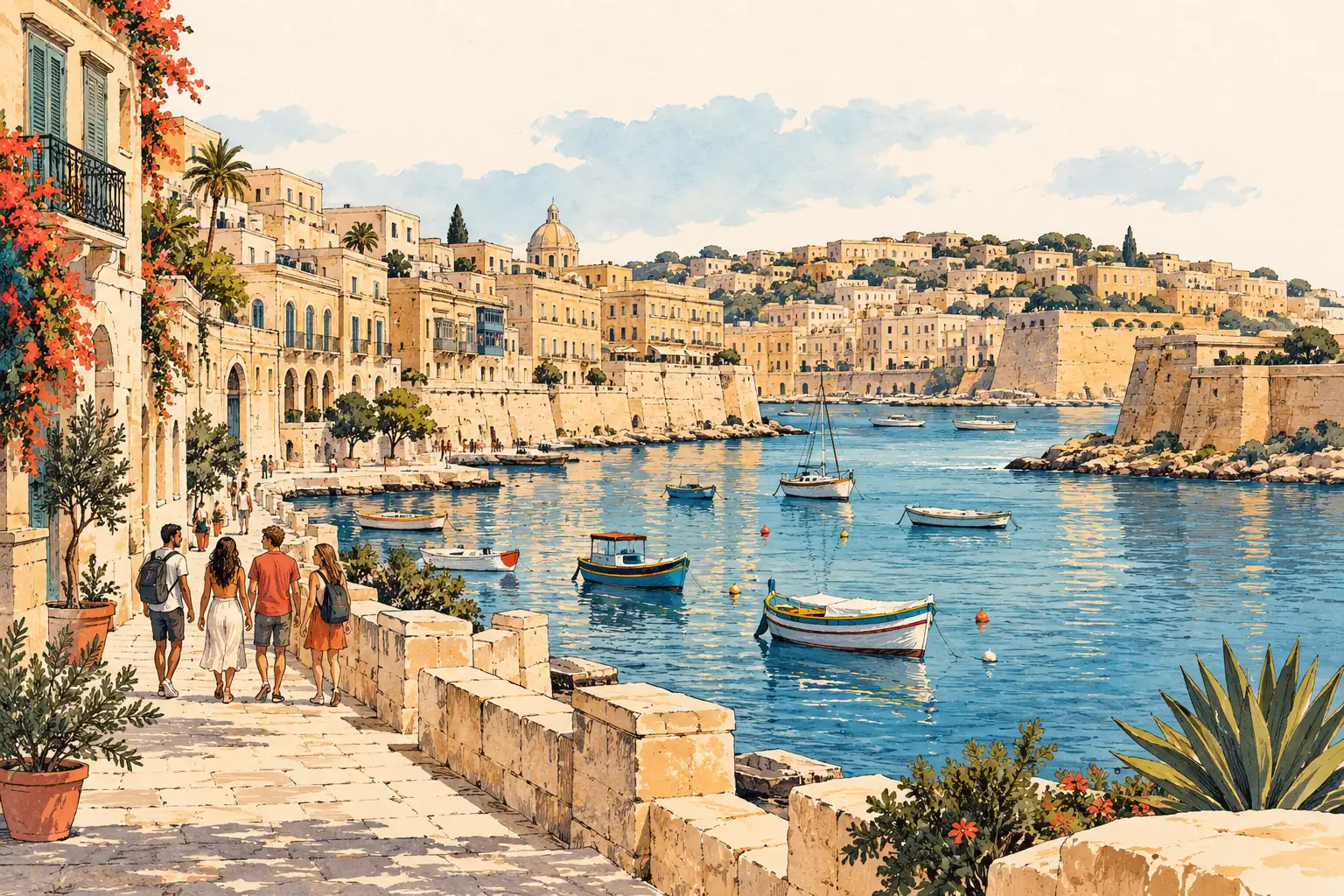 A hand-drawn characteristic landscape of Malta, with a few young adults for scale.