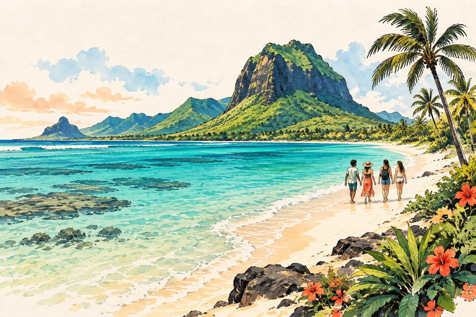 A hand-drawn characteristic landscape of Mauritius, with a few young adults for scale.
