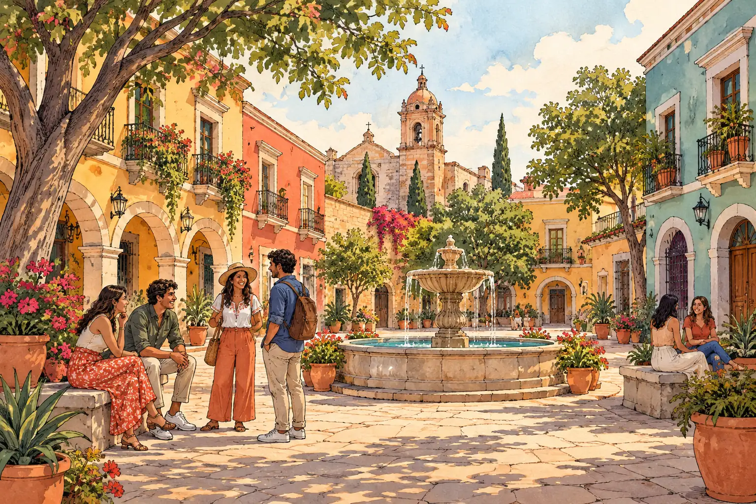A hand-drawn characteristic landscape of Mexico, with a few young adults for scale.