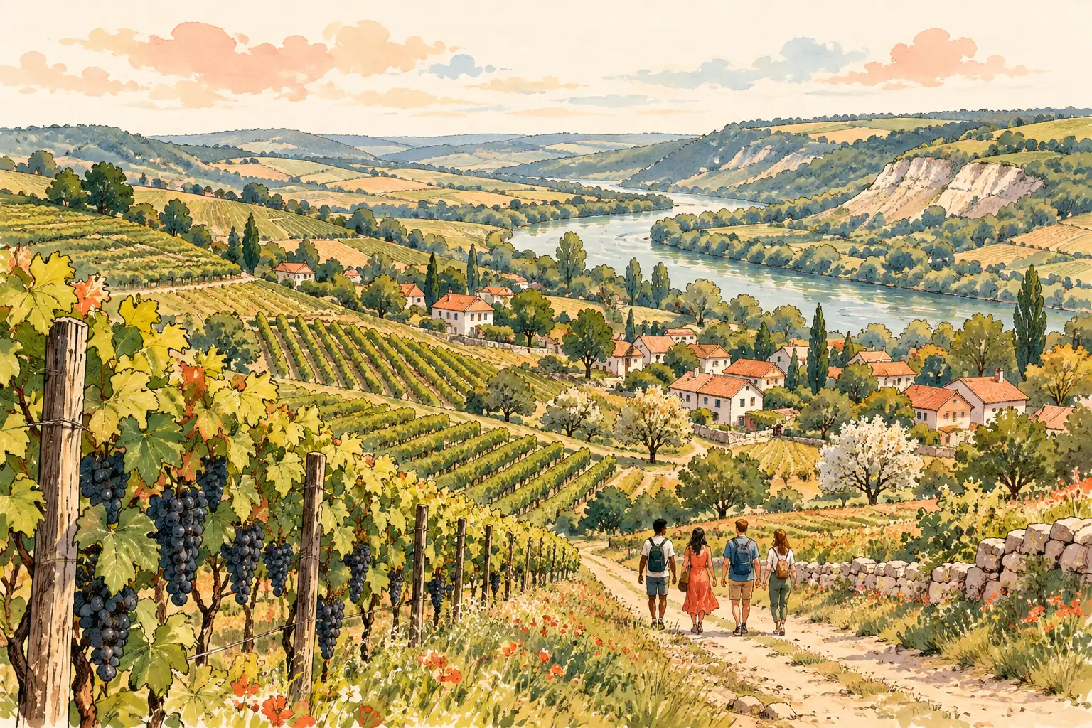 A hand-drawn characteristic landscape of Moldova, with a few young adults for scale.