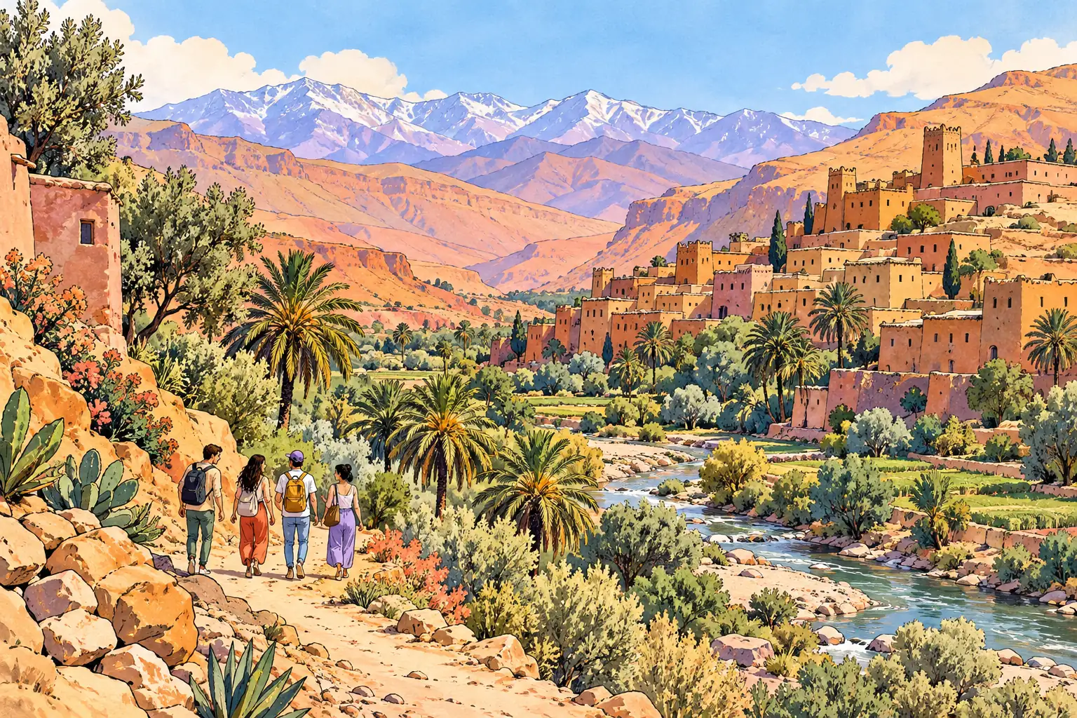 A hand-drawn characteristic landscape of Morocco, with a few young adults for scale.