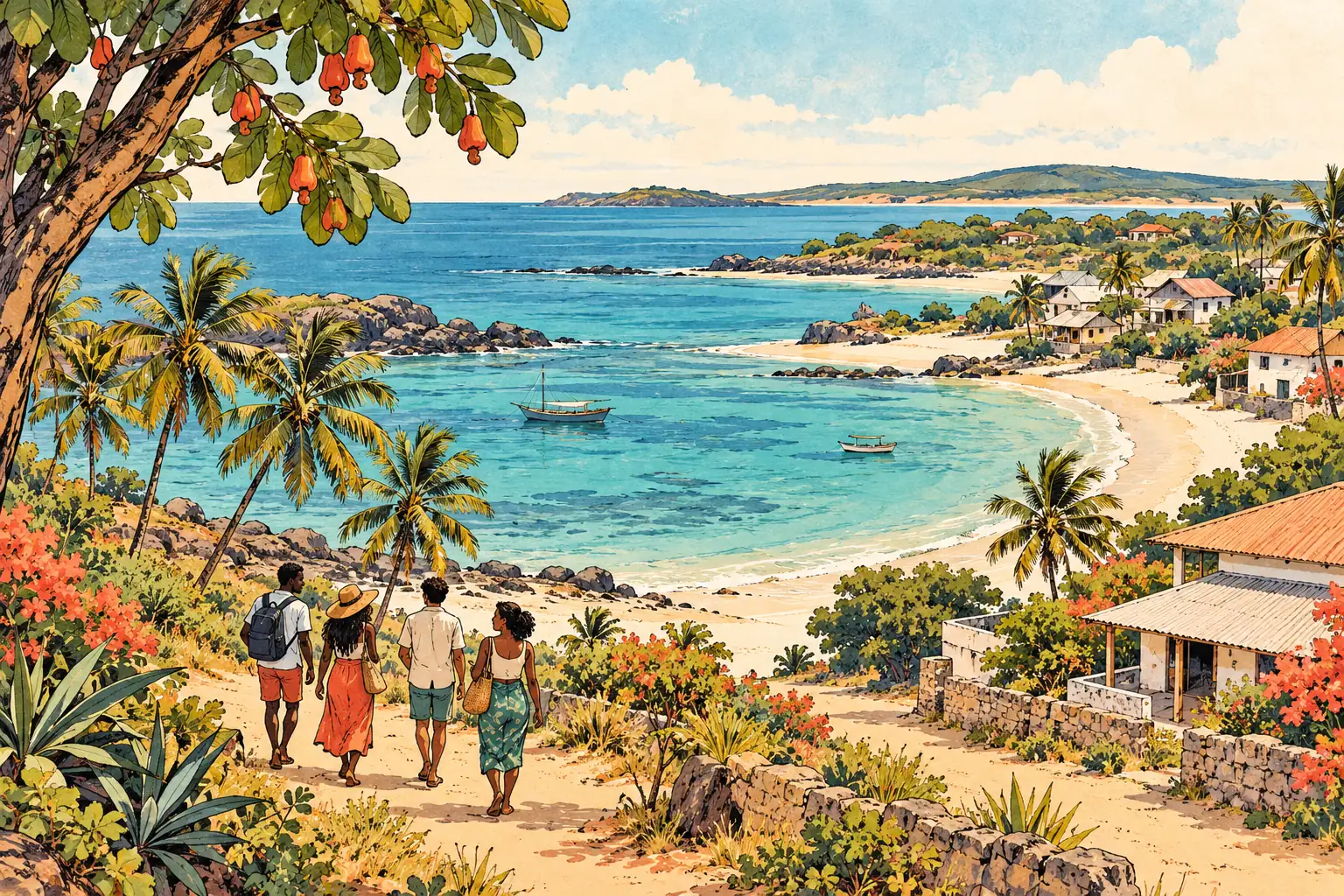 A hand-drawn characteristic landscape of Mozambique, with a few young adults for scale.