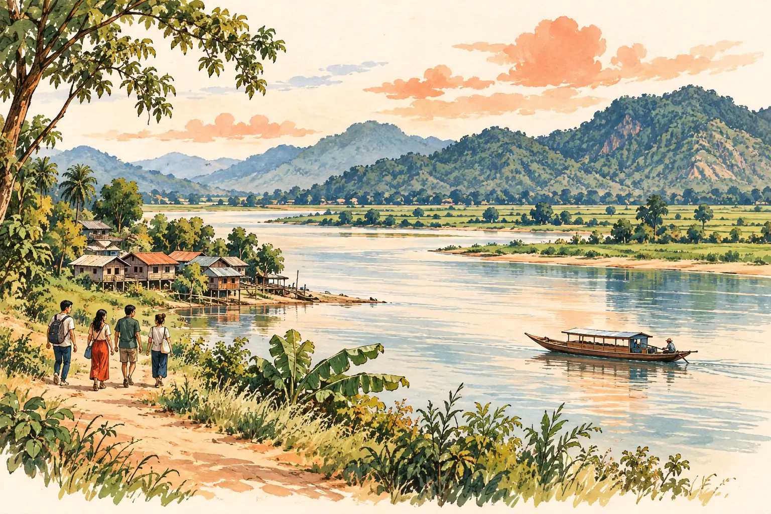 A hand-drawn characteristic landscape of Myanmar, with a few young adults for scale.