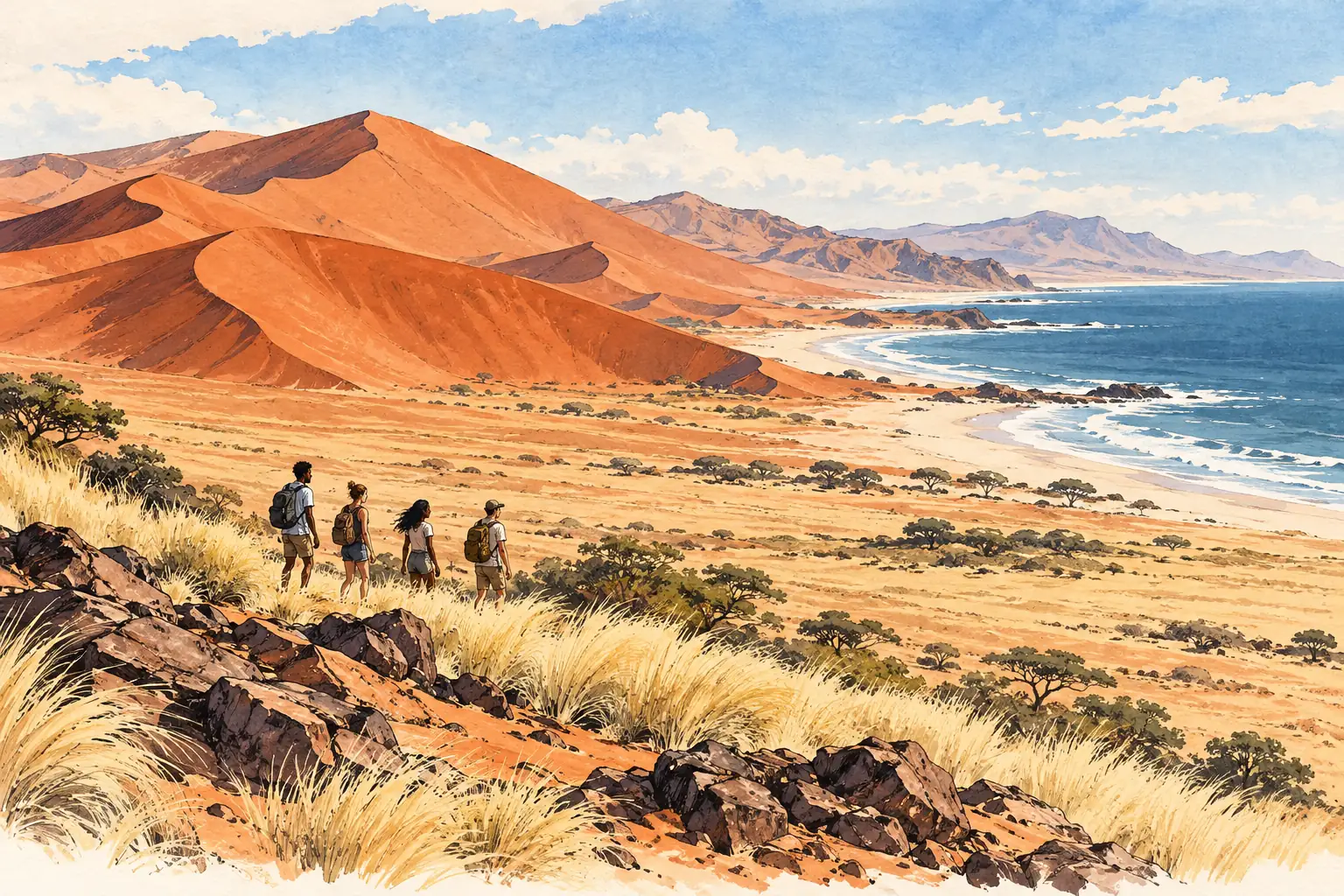 A hand-drawn characteristic landscape of Namibia, with a few young adults for scale.