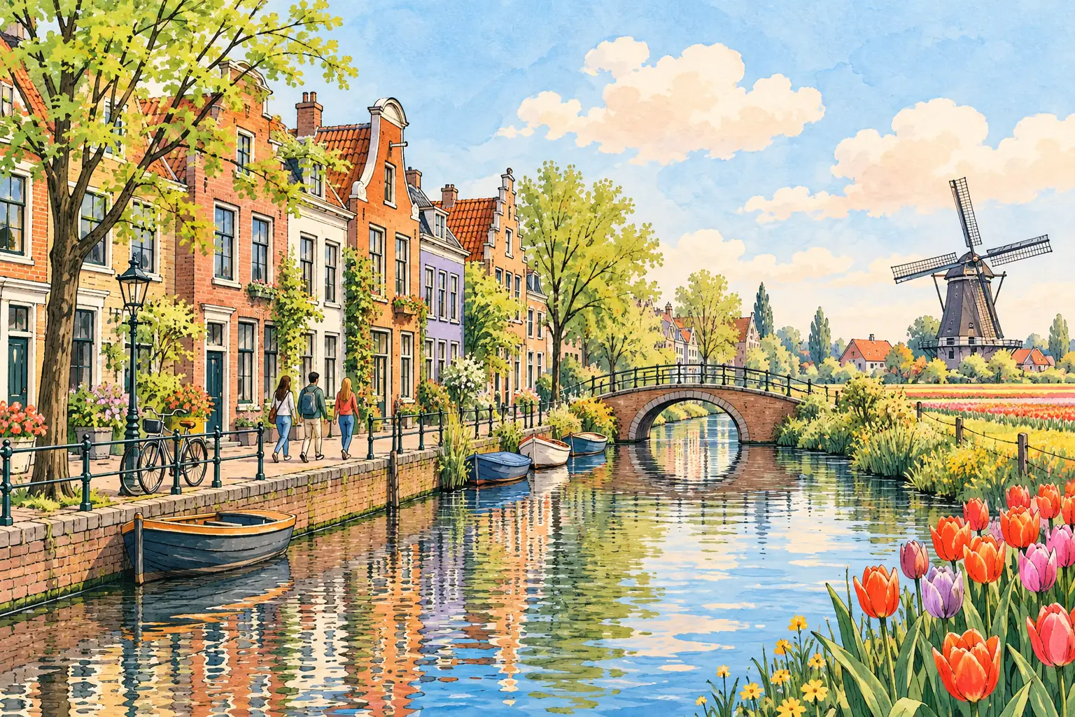 A hand-drawn characteristic landscape of The Netherlands, with a few young adults for scale.