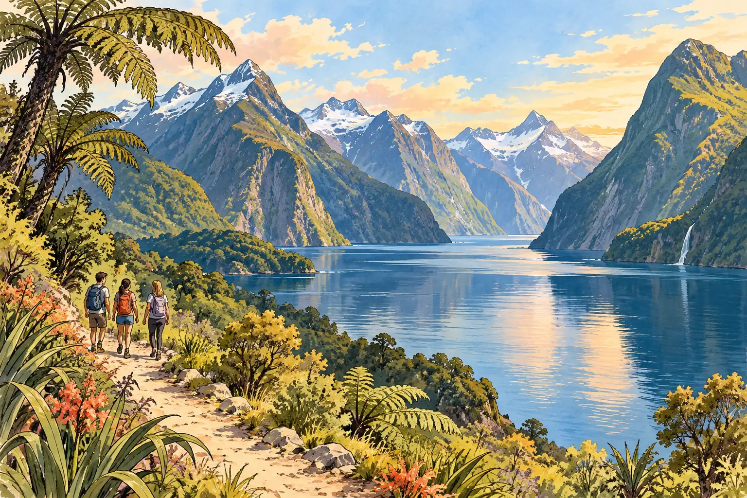 A hand-drawn characteristic landscape of New Zealand, with a few young adults for scale.