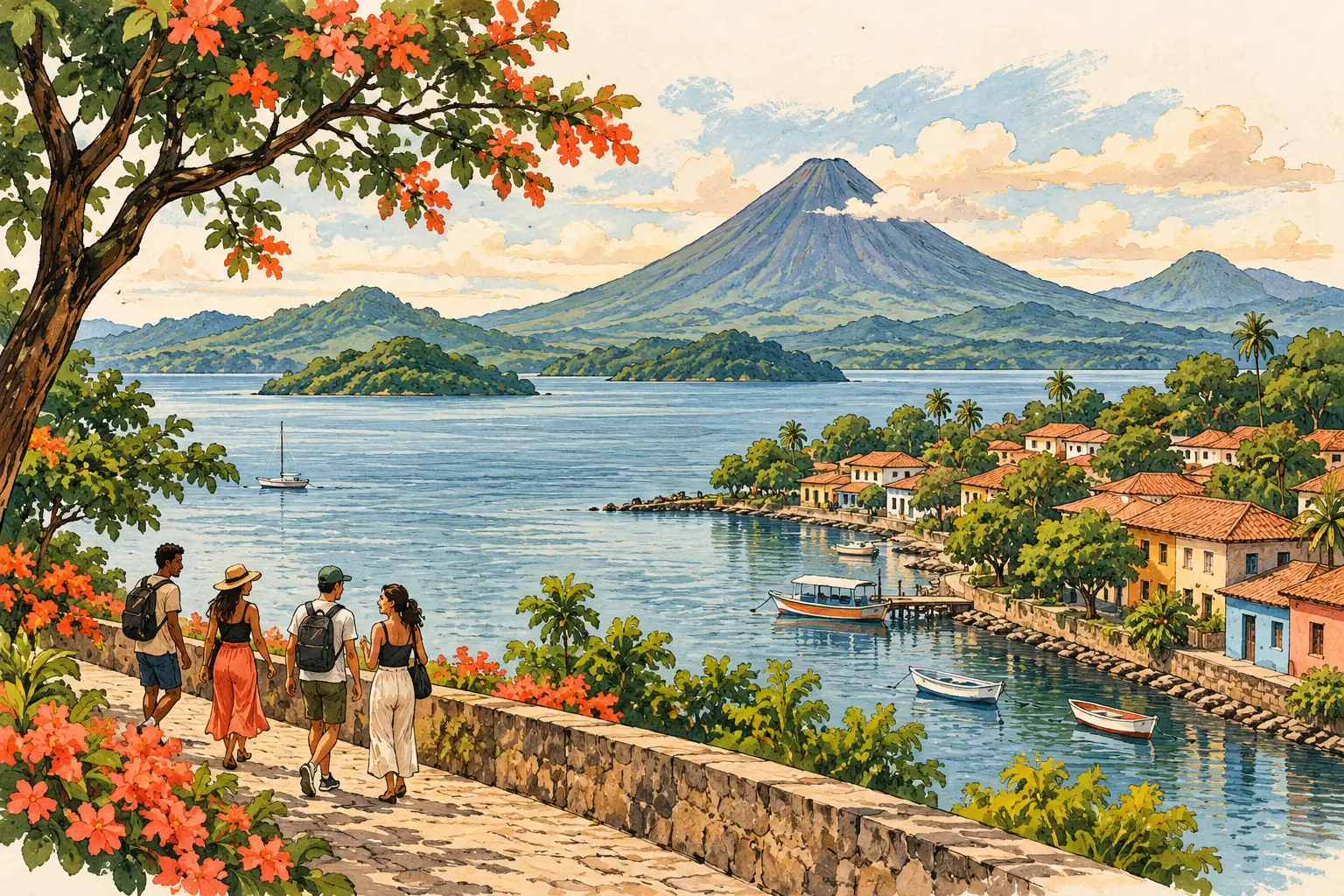 A hand-drawn characteristic landscape of Nicaragua, with a few young adults for scale.