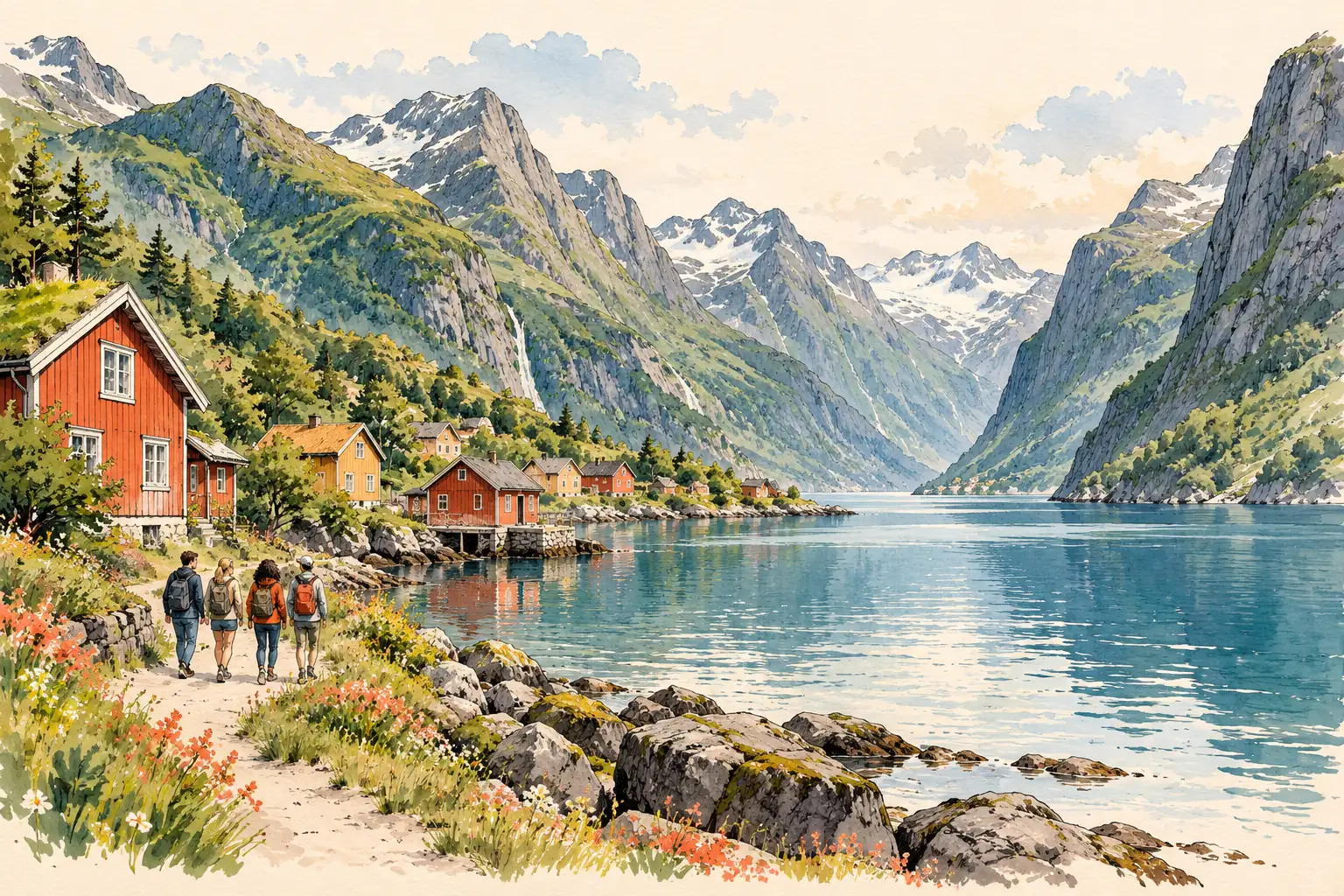 A hand-drawn characteristic landscape of Norway, with a few young adults for scale.