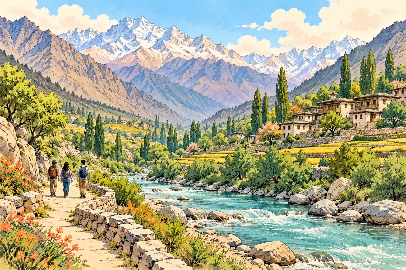 A hand-drawn characteristic landscape of Pakistan, with a few young adults for scale.