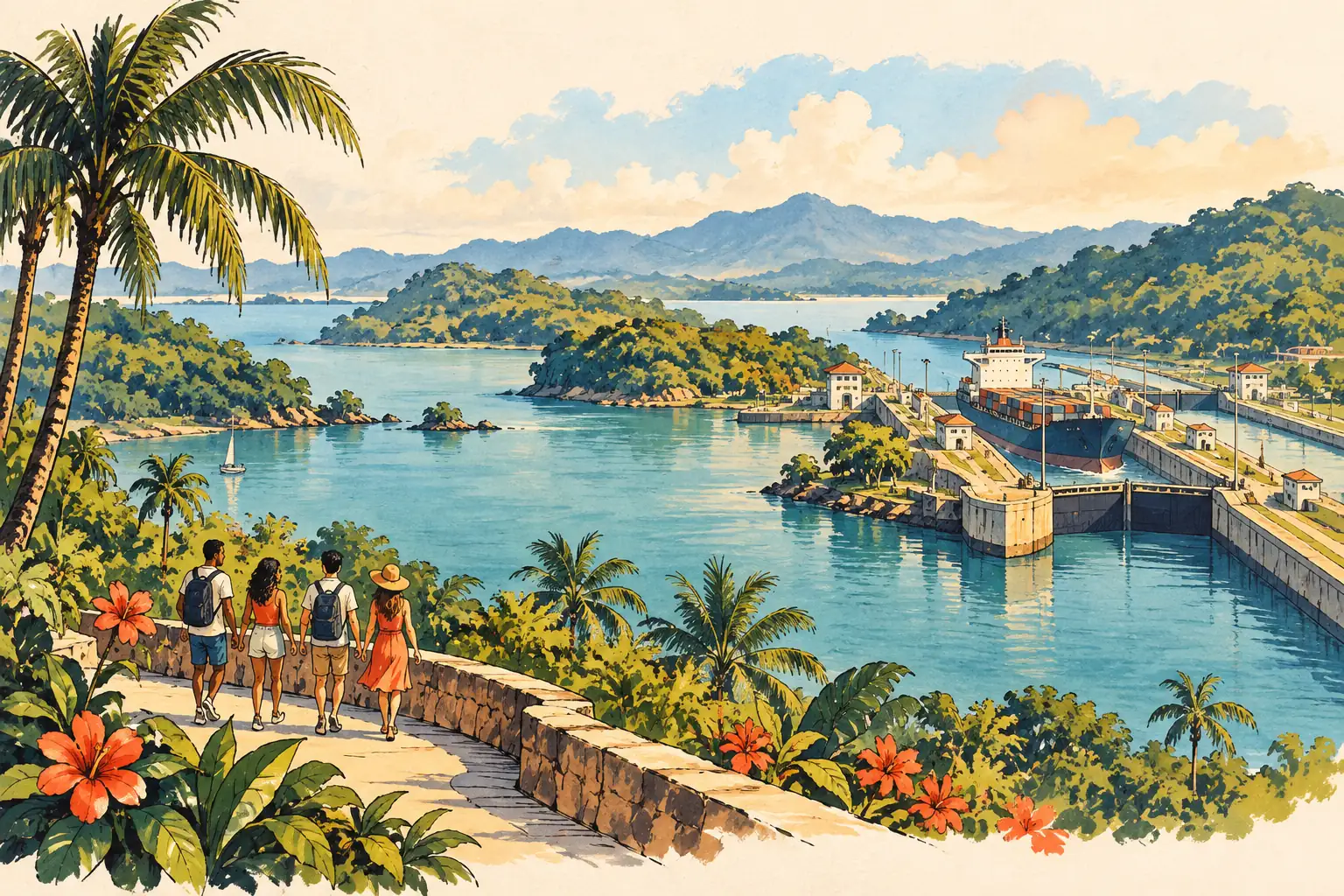 A hand-drawn characteristic landscape of Panama, with a few young adults for scale.