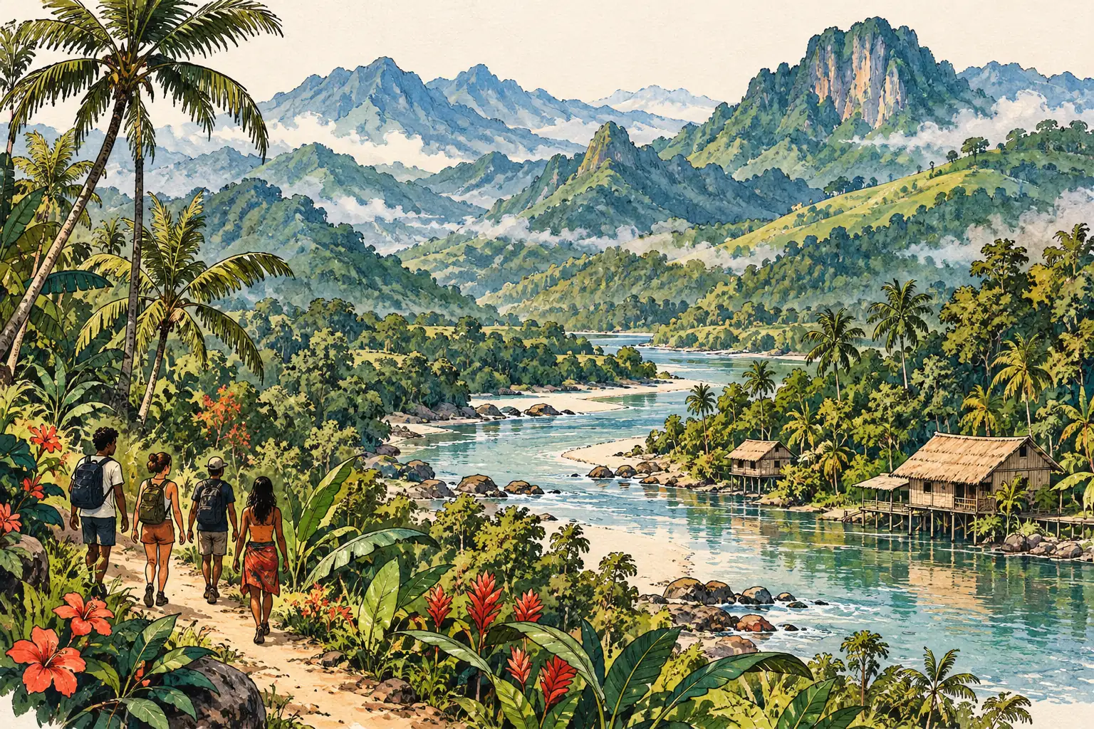 A hand-drawn characteristic landscape of Papua New Guinea, with a few young adults for scale.