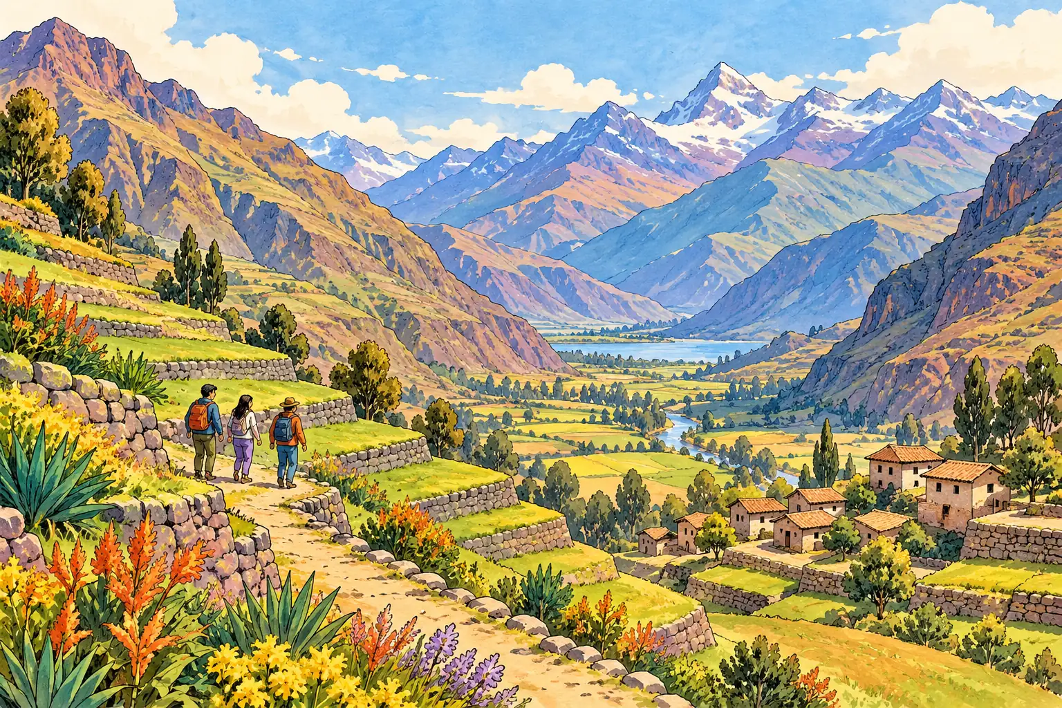 A hand-drawn characteristic landscape of Peru, with a few young adults for scale.