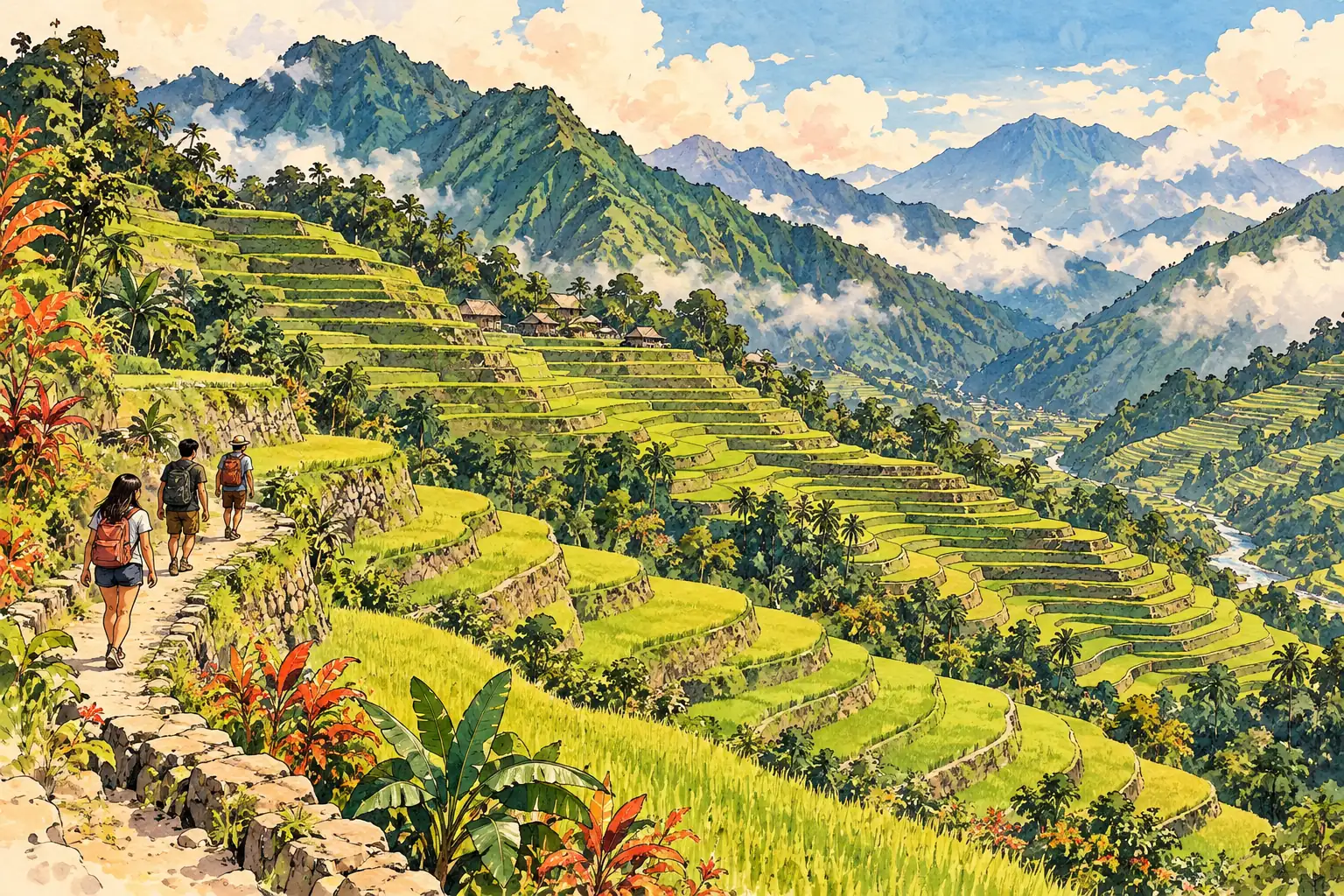 A hand-drawn characteristic landscape of Philippines, with a few young adults for scale.