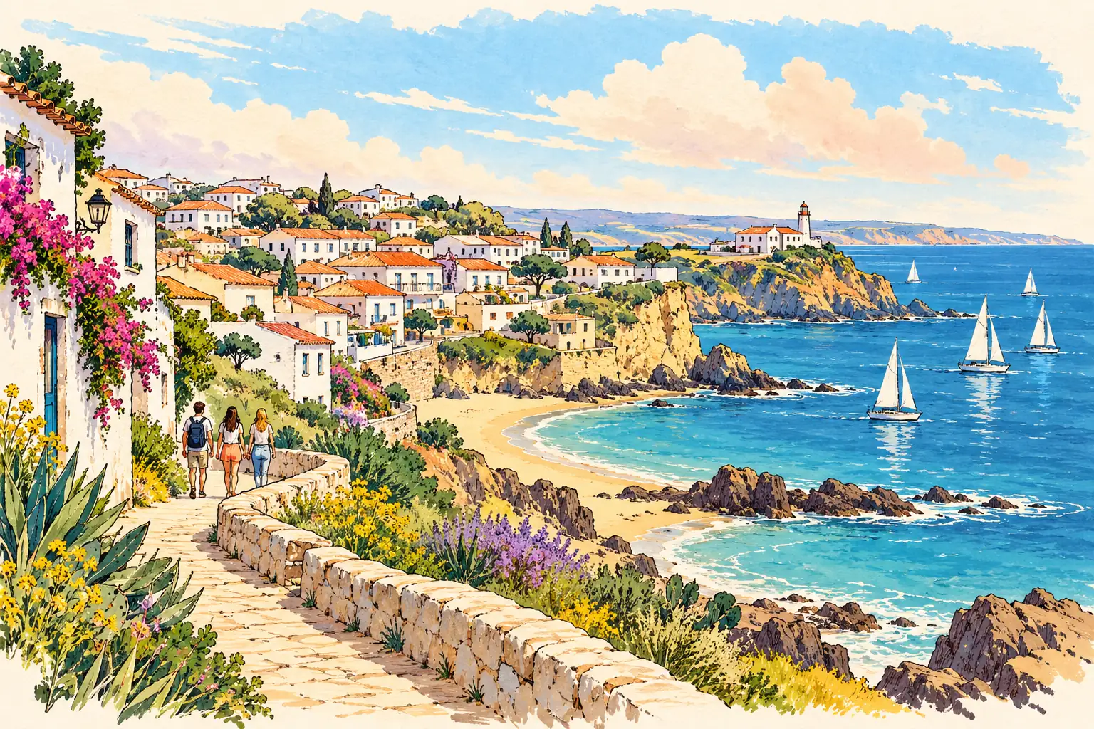 A hand-drawn characteristic landscape of Portugal, with a few young adults for scale.