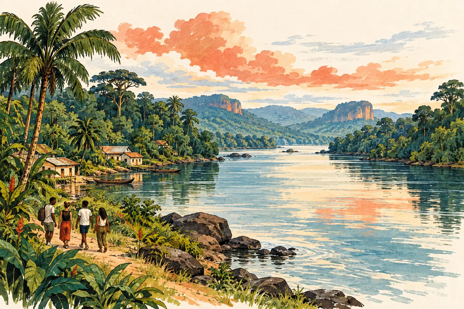 A hand-drawn characteristic landscape of Republic of the Congo, with a few young adults for scale.