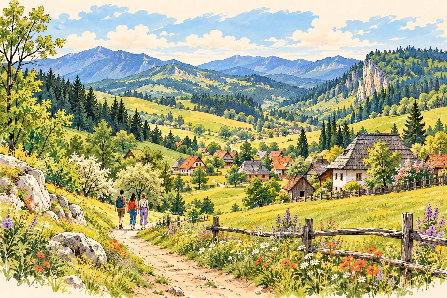 A hand-drawn characteristic landscape of Romania, with a few young adults for scale.