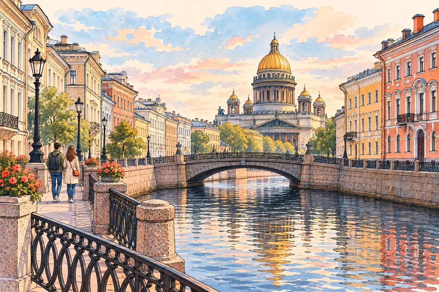 A hand-drawn characteristic landscape of Russia, with a few young adults for scale.