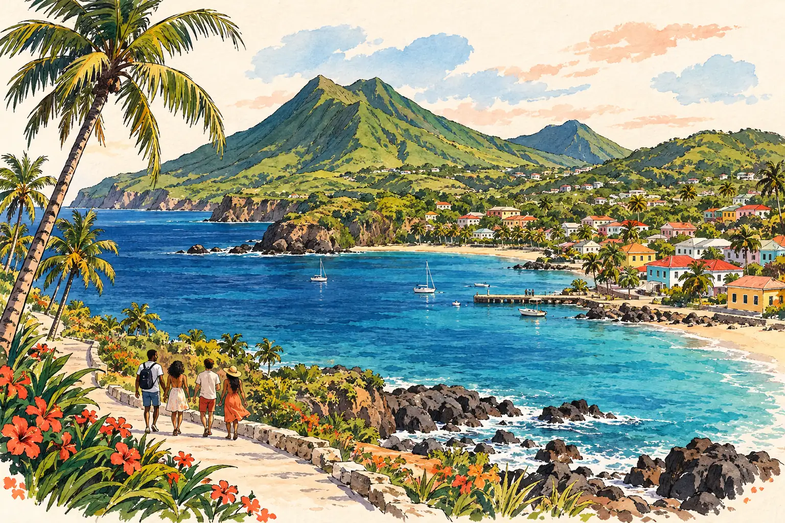 A hand-drawn characteristic landscape of Saint Kitts and Nevis, with a few young adults for scale.