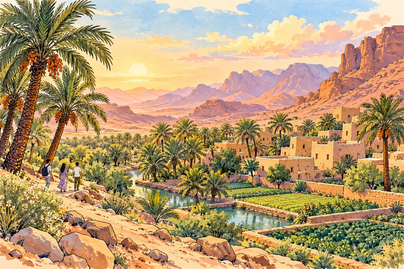 A hand-drawn characteristic landscape of Saudi Arabia, with a few young adults for scale.