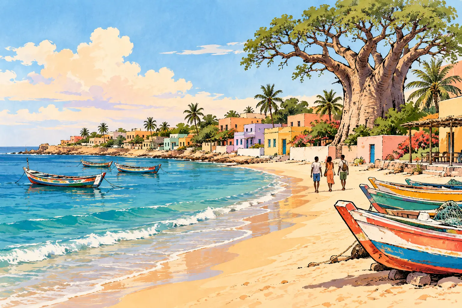 A hand-drawn characteristic landscape of Senegal, with a few young adults for scale.