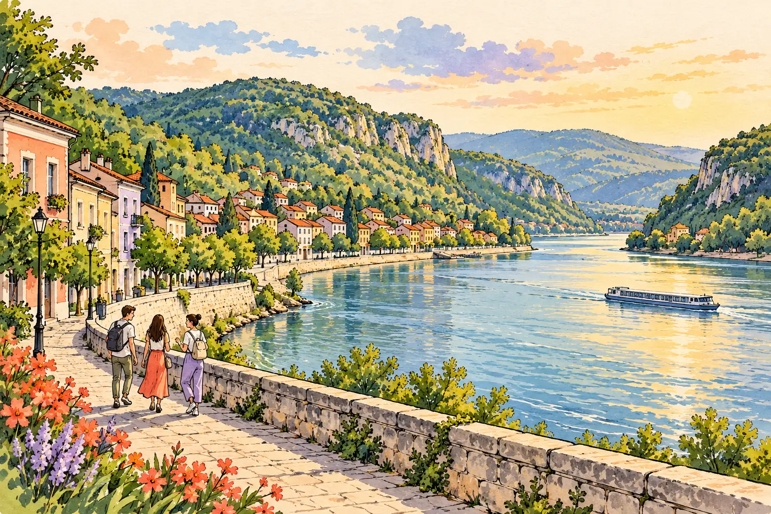 A hand-drawn characteristic landscape of Serbia, with a few young adults for scale.