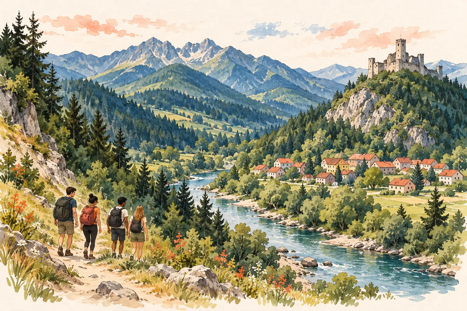 A hand-drawn characteristic landscape of Slovakia, with a few young adults for scale.