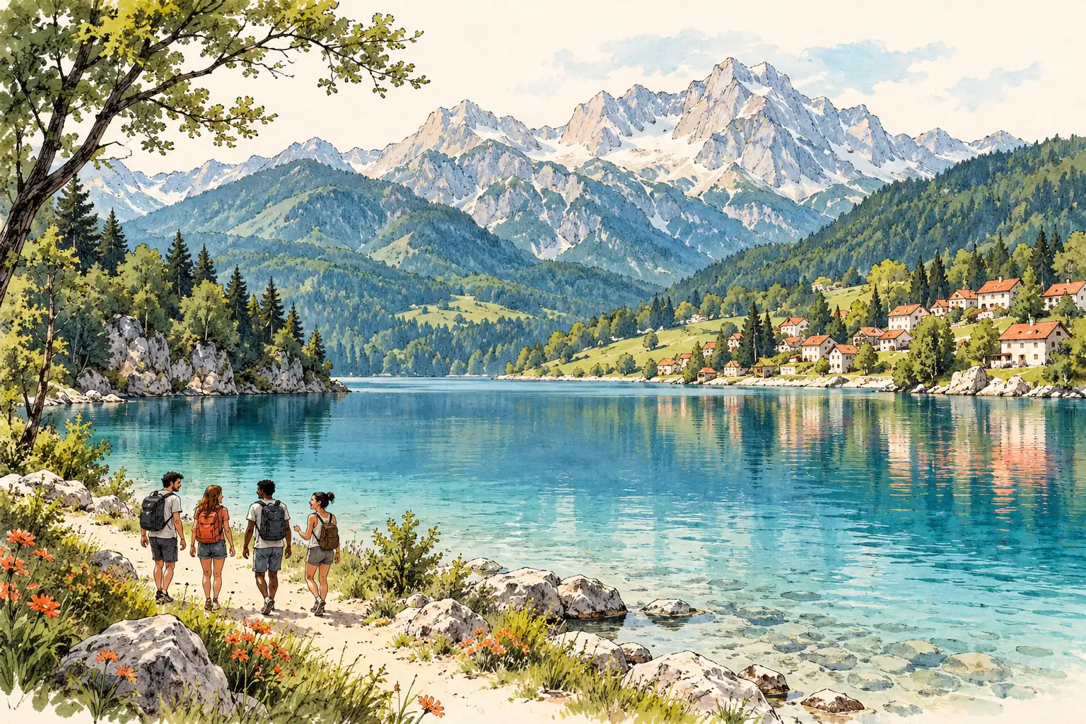 A hand-drawn characteristic landscape of Slovenia, with a few young adults for scale.
