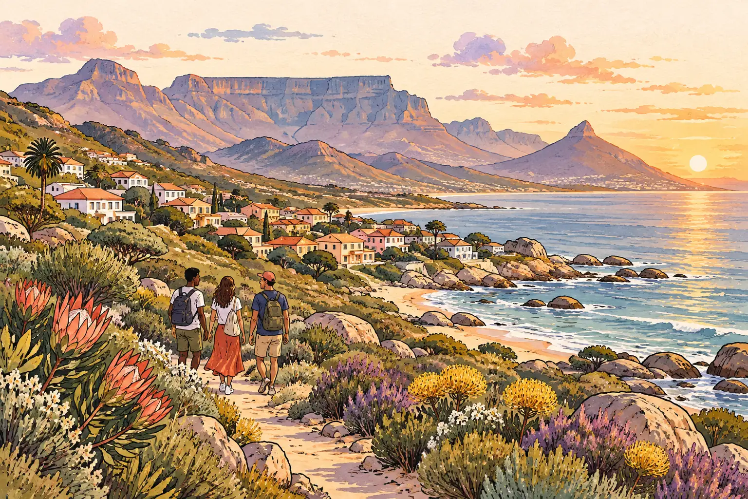 A hand-drawn characteristic landscape of South Africa, with a few young adults for scale.