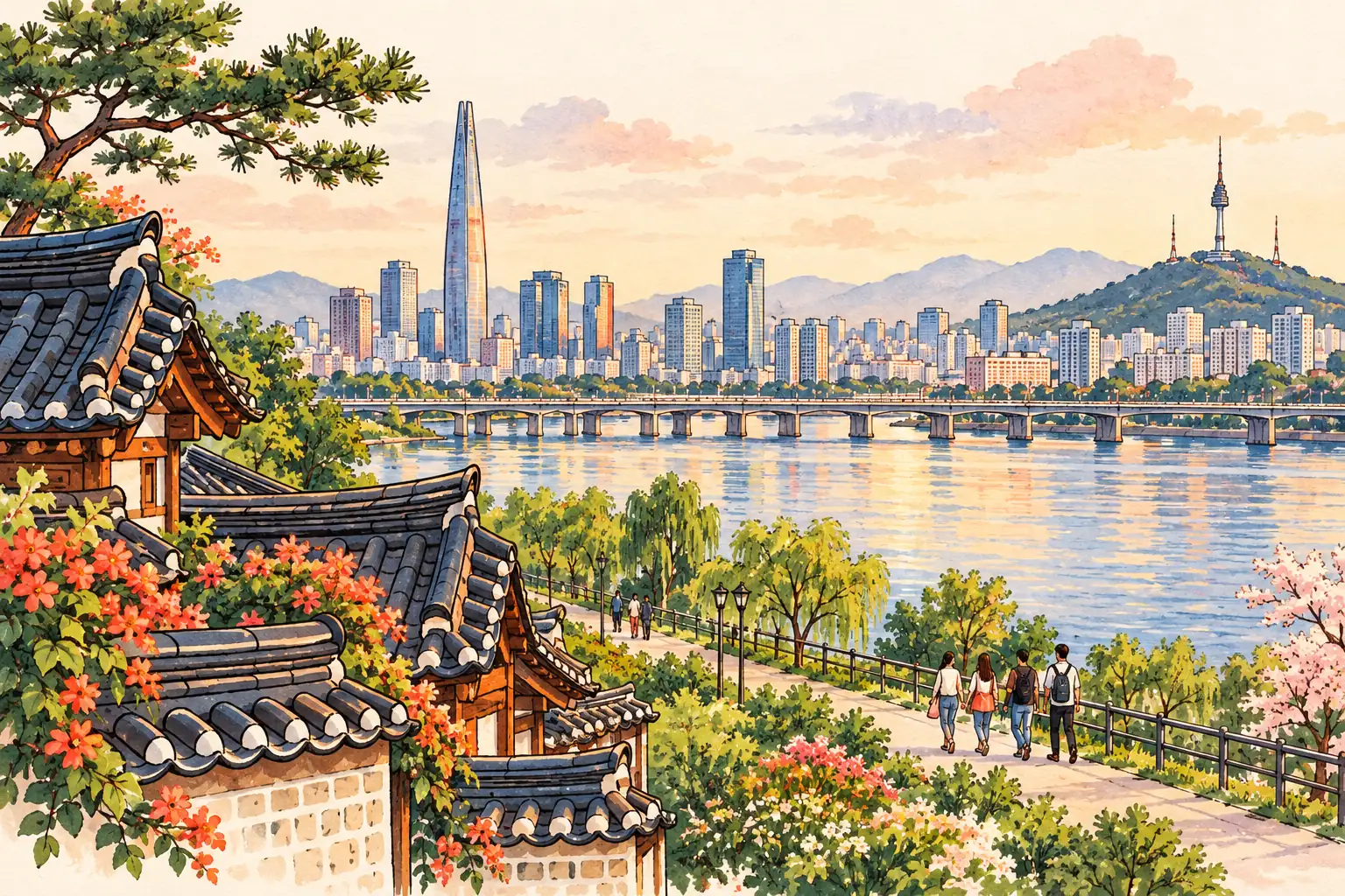 A hand-drawn characteristic landscape of South Korea, with a few young adults for scale.