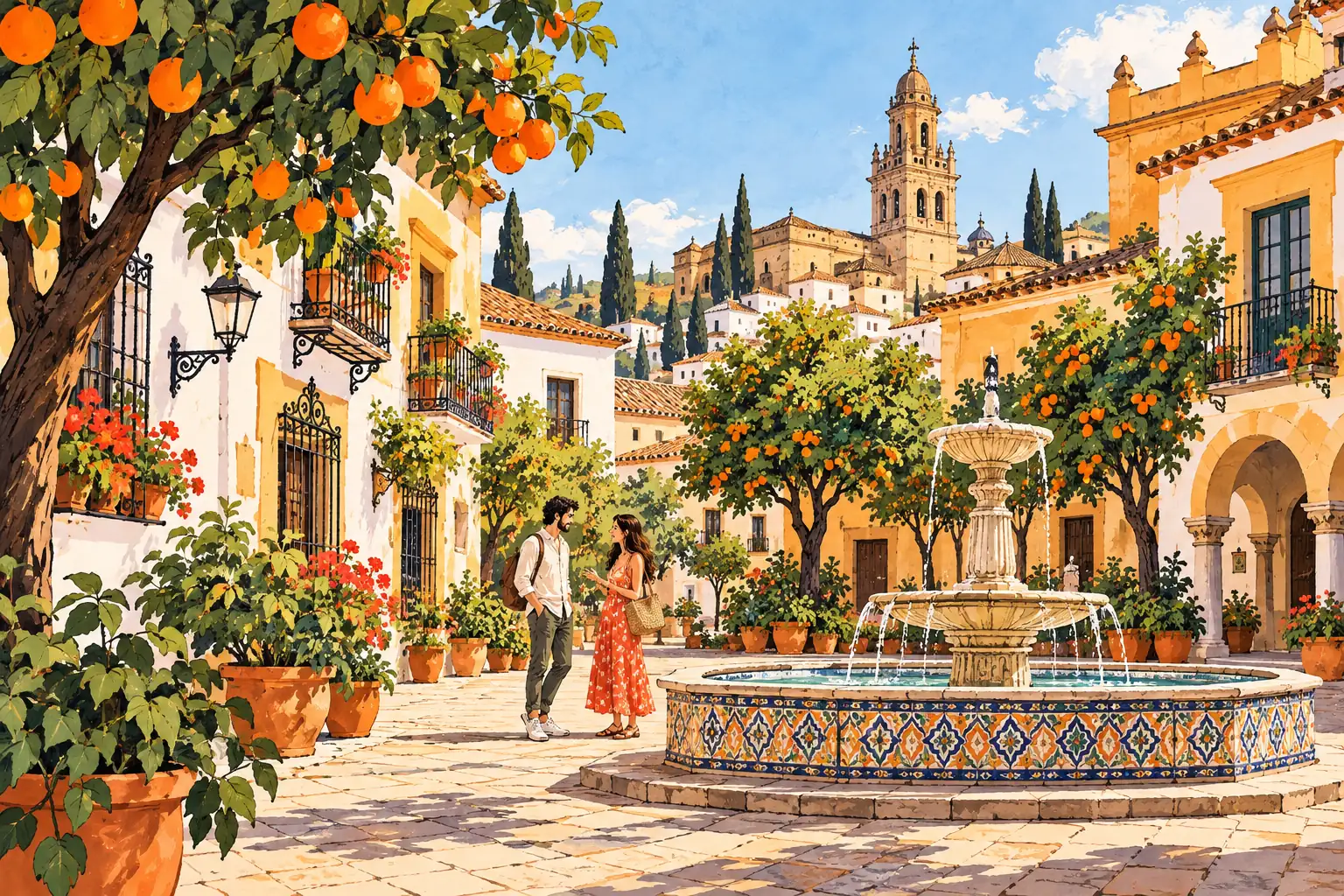A hand-drawn characteristic landscape of Spain, with a few young adults for scale.