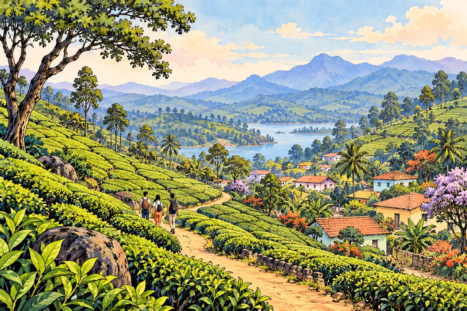 A hand-drawn characteristic landscape of Sri Lanka, with a few young adults for scale.