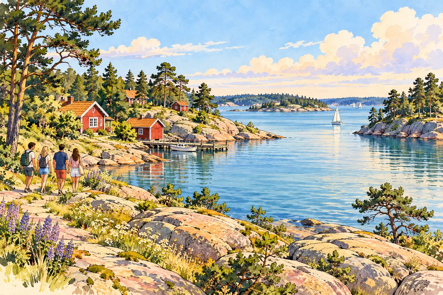 A hand-drawn characteristic landscape of Sweden, with a few young adults for scale.