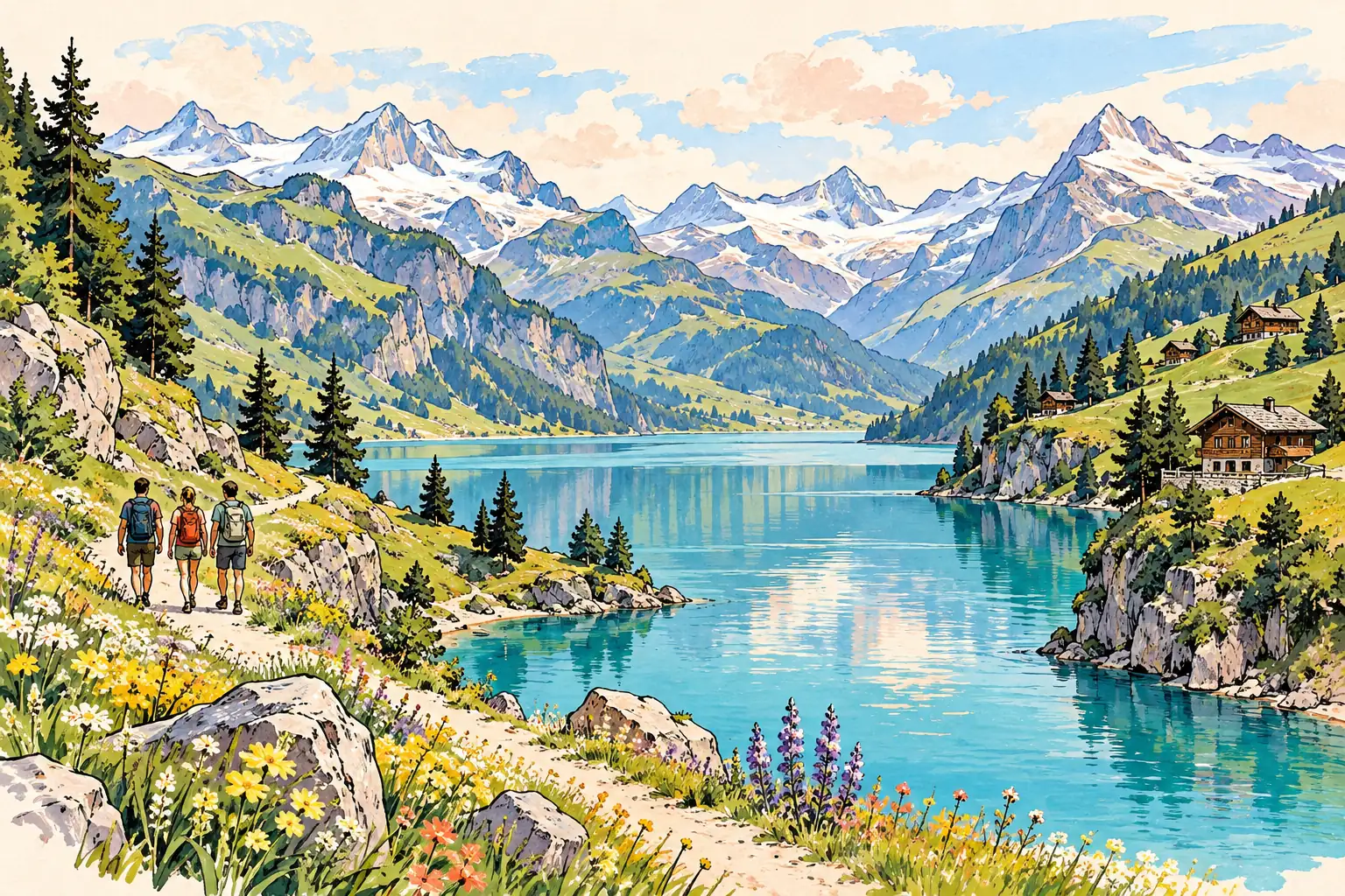 A hand-drawn characteristic landscape of Switzerland, with a few young adults for scale.