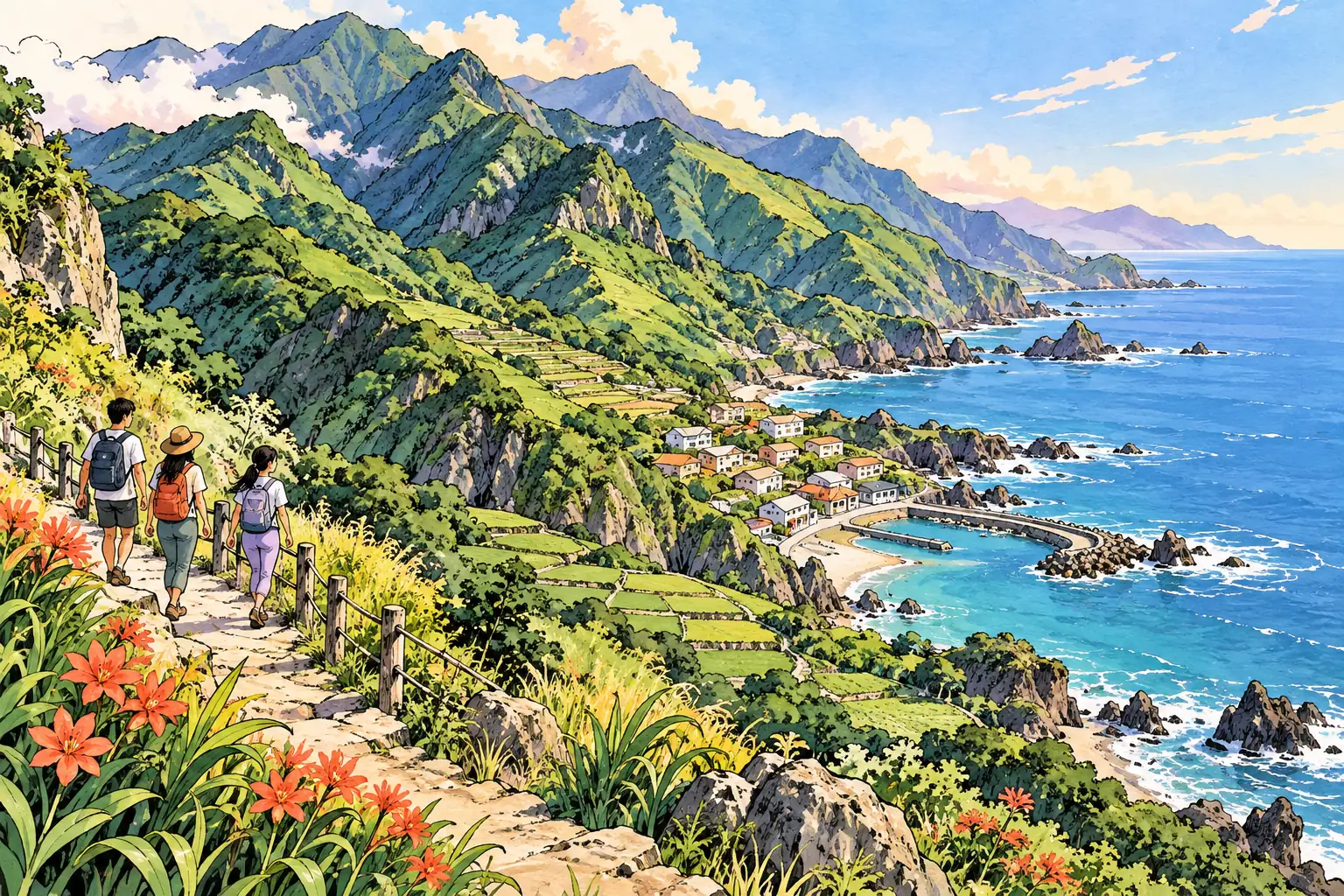 A hand-drawn characteristic landscape of Taiwan, with a few young adults for scale.