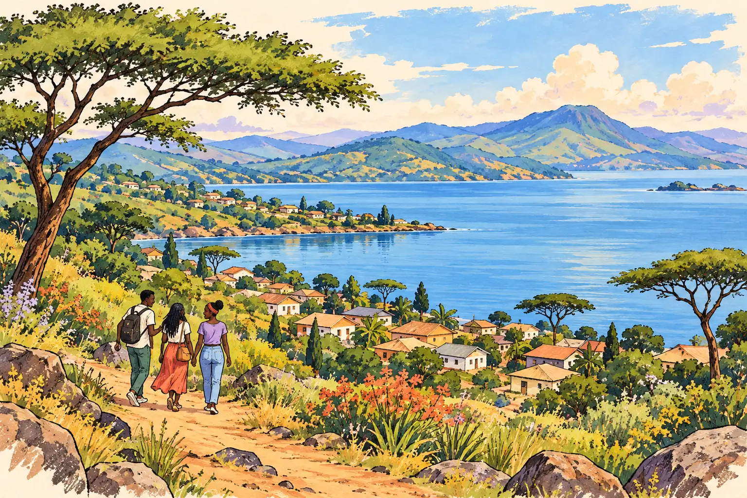 A hand-drawn characteristic landscape of Tanzania, with a few young adults for scale.