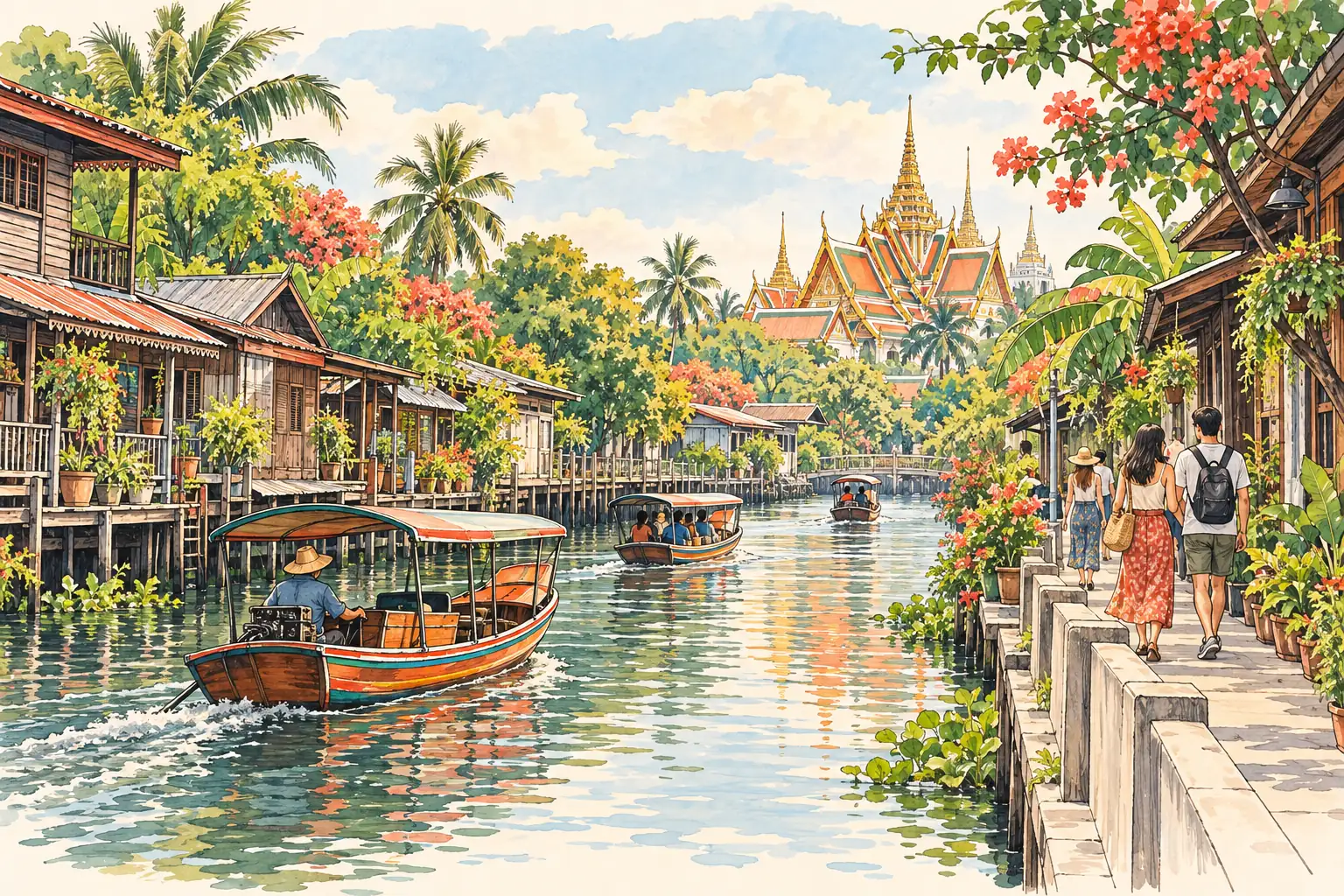 A hand-drawn characteristic landscape of Thailand, with a few young adults for scale.