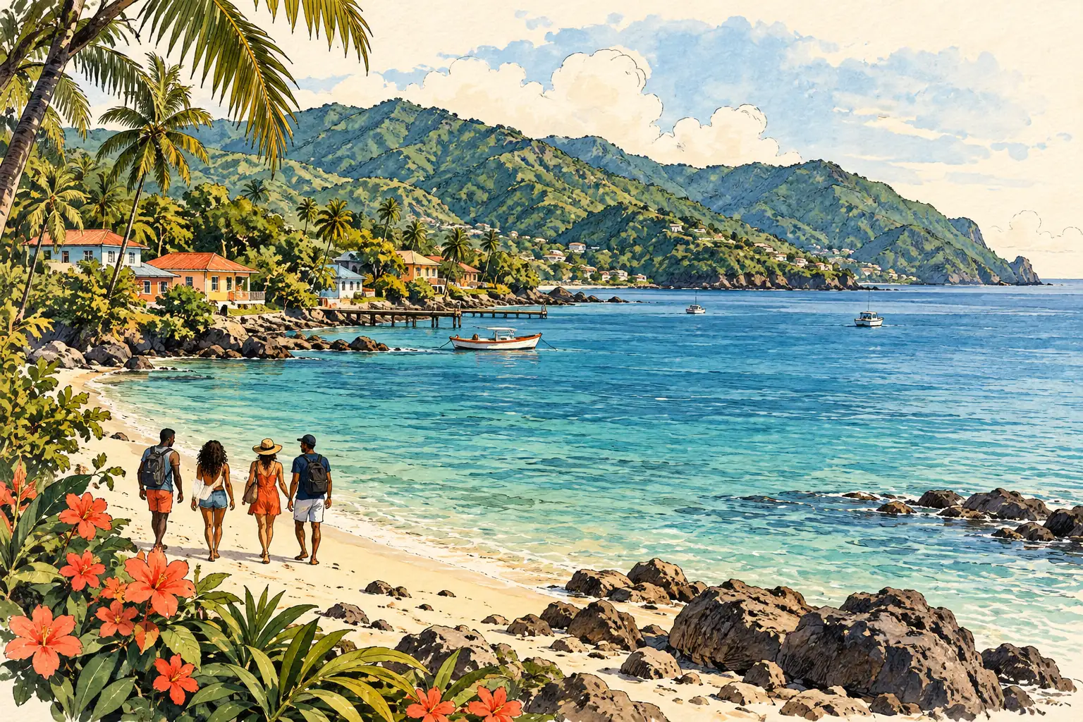 A hand-drawn characteristic landscape of Trinidad and Tobago, with a few young adults for scale.
