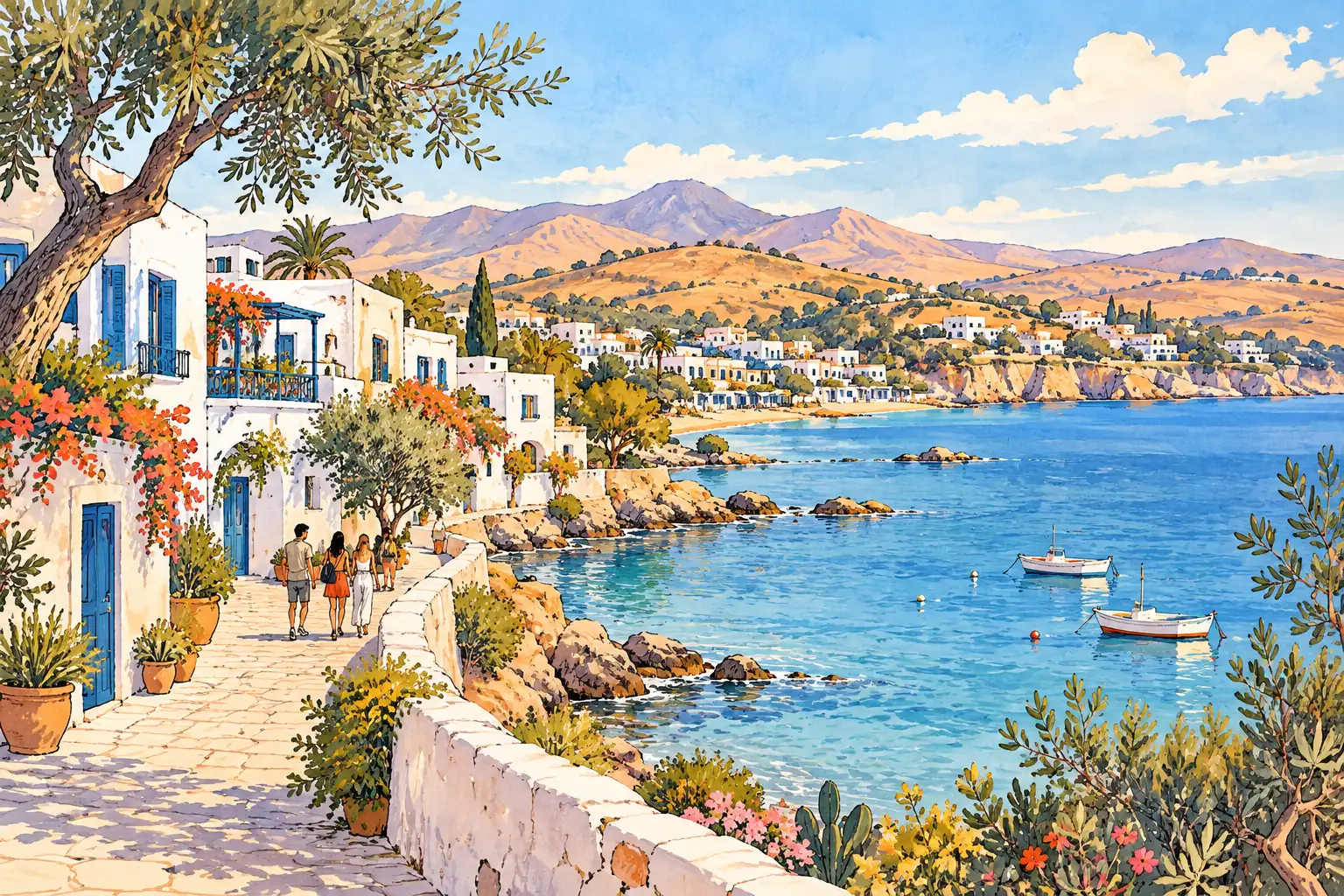 A hand-drawn characteristic landscape of Tunisia, with a few young adults for scale.