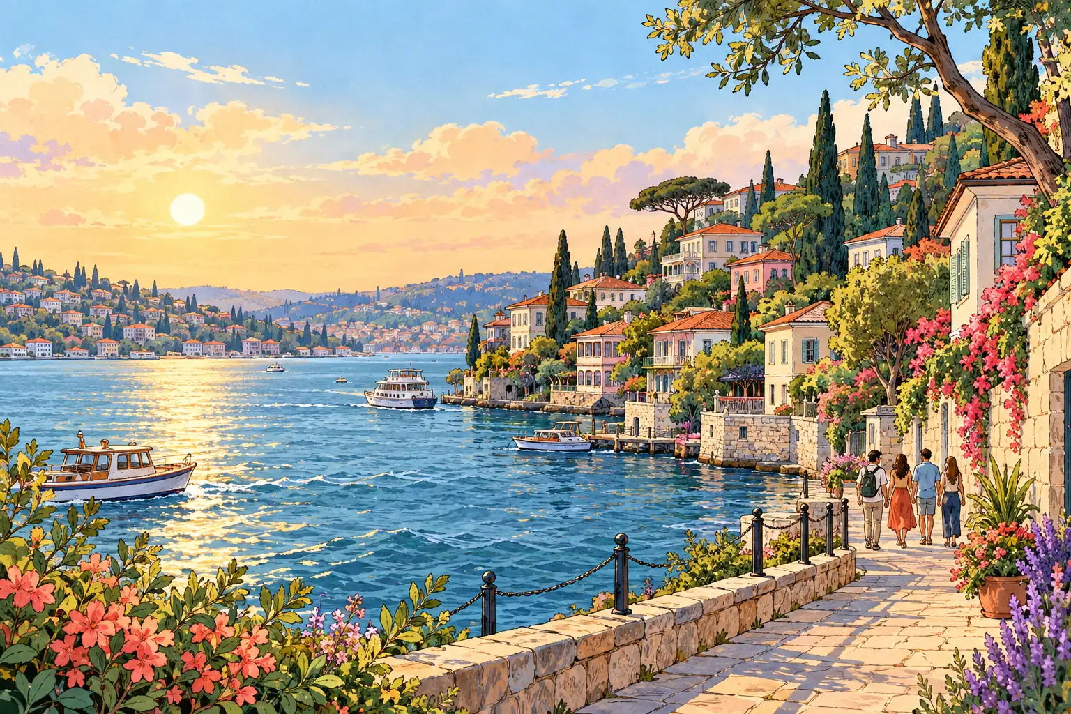 A hand-drawn characteristic landscape of Turkey, with a few young adults for scale.