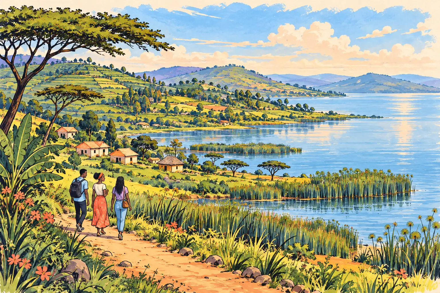 A hand-drawn characteristic landscape of Uganda, with a few young adults for scale.