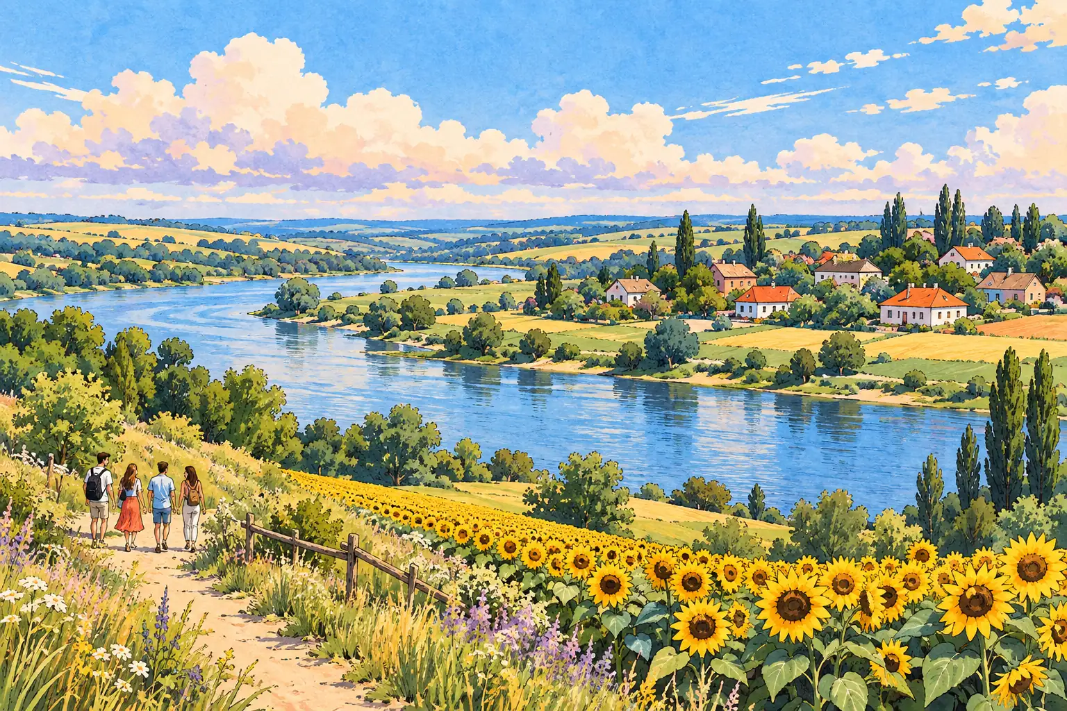A hand-drawn characteristic landscape of Ukraine, with a few young adults for scale.